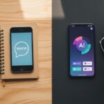 A top-down flat lay composition showing the contrast between old and new internet trends. On one side, a vintage smartphone displaying a simple 'www' icon and a physical notebook. On the other side, a modern smartphone screen displaying a colorful AI interface and a pair of augmented reality glasses. The background includes fresh coffee and a plant, warm natural lighting, cozy modern aesthetic.