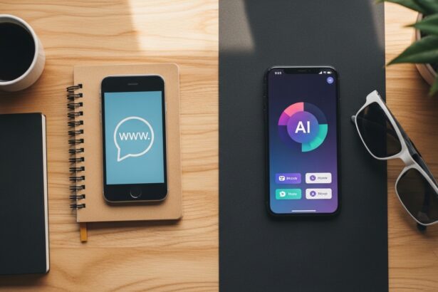 A top-down flat lay composition showing the contrast between old and new internet trends. On one side, a vintage smartphone displaying a simple 'www' icon and a physical notebook. On the other side, a modern smartphone screen displaying a colorful AI interface and a pair of augmented reality glasses. The background includes fresh coffee and a plant, warm natural lighting, cozy modern aesthetic.