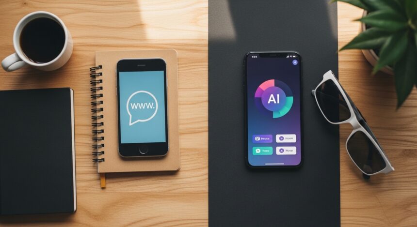 A top-down flat lay composition showing the contrast between old and new internet trends. On one side, a vintage smartphone displaying a simple 'www' icon and a physical notebook. On the other side, a modern smartphone screen displaying a colorful AI interface and a pair of augmented reality glasses. The background includes fresh coffee and a plant, warm natural lighting, cozy modern aesthetic.