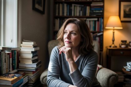 Jane Fallon cancer scare Realistic editorial photography of a British female author sitting in a cozy study surrounded by books, natural window lighting, thoughtful expression, warm atmosphere, magazine style portrait, high detail, no text.