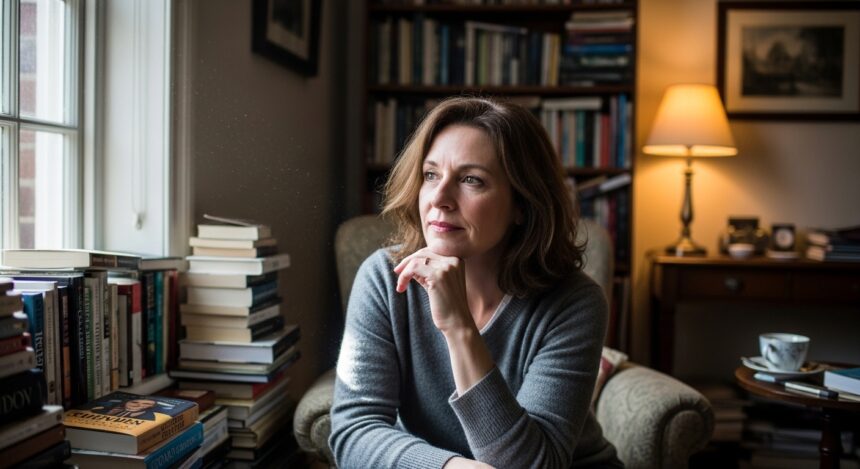 Jane Fallon cancer scare Realistic editorial photography of a British female author sitting in a cozy study surrounded by books, natural window lighting, thoughtful expression, warm atmosphere, magazine style portrait, high detail, no text.