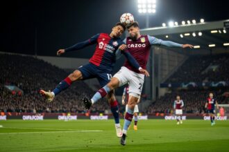 lille-vs-aston-villa-europa-league-analysis Realistic sports photography of LOSC Lille and Aston Villa players battling for possession during a UEFA Europa League night match, intense stadium lights, packed crowd, dramatic action moment, professional football photography, cinematic realism, no text