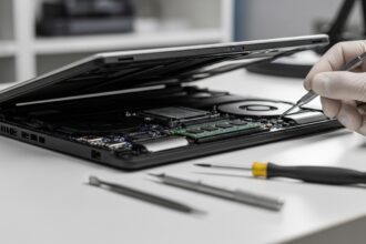 MacBook Neo Apple MacBook Neo laptop placed on a modern workspace desk