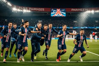 PSG vs Chelsea Realistic sports photography of PSG players celebrating a dramatic Champions League goal at Parc des Princes stadium at night, teammates running together, fans cheering wildly in the background, cinematic lighting, ultra realistic football match atmosphere, no text